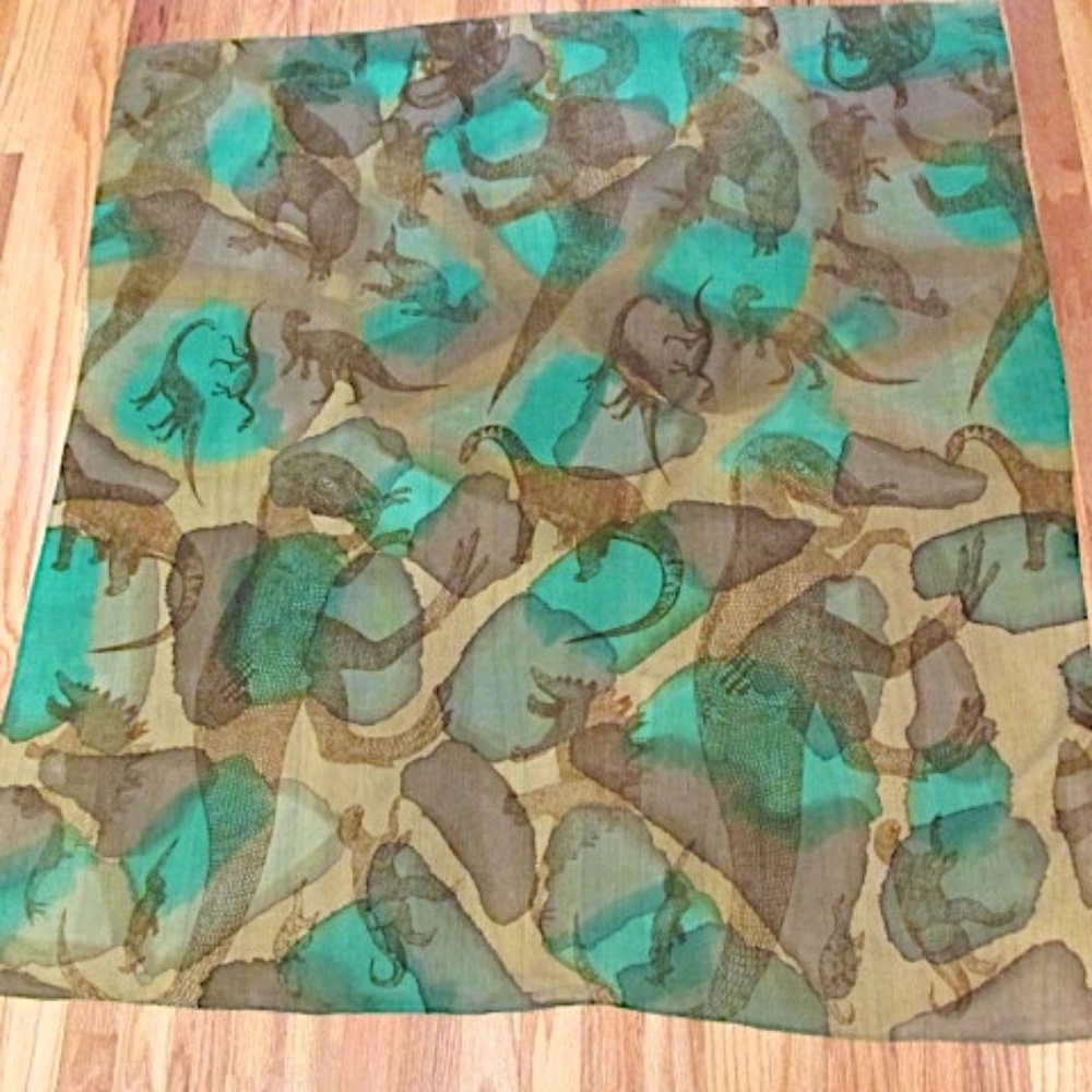 Green Olive Sheer Silk Scarf with Dinosaurs - Picture 3 of 6